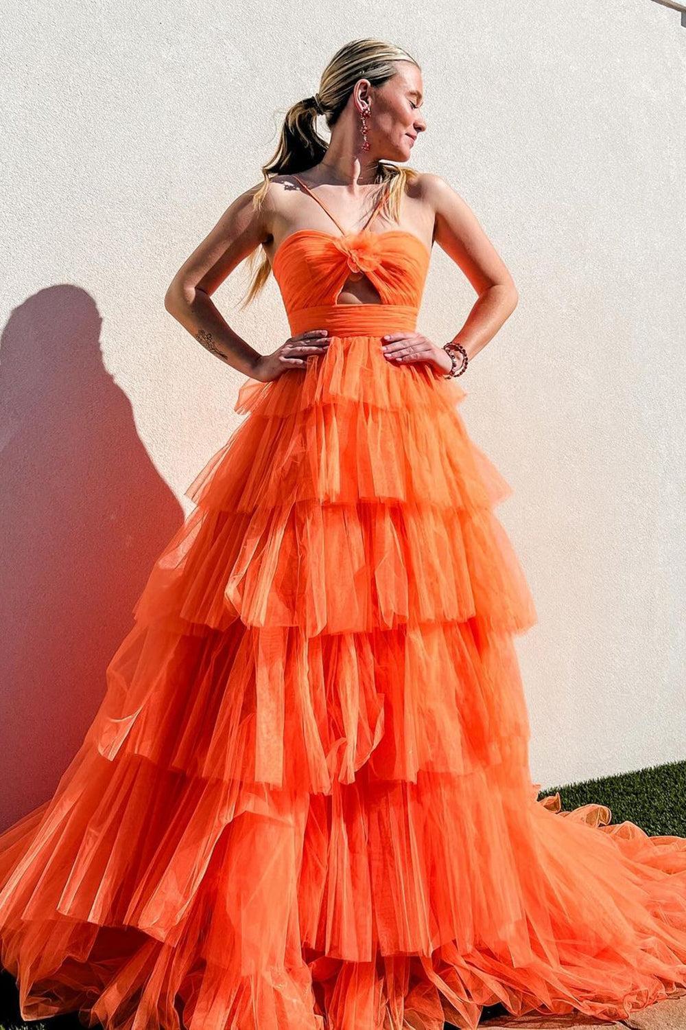 A Line Orange Halter Tiered Tulle Long Prom Dress with Keyhole