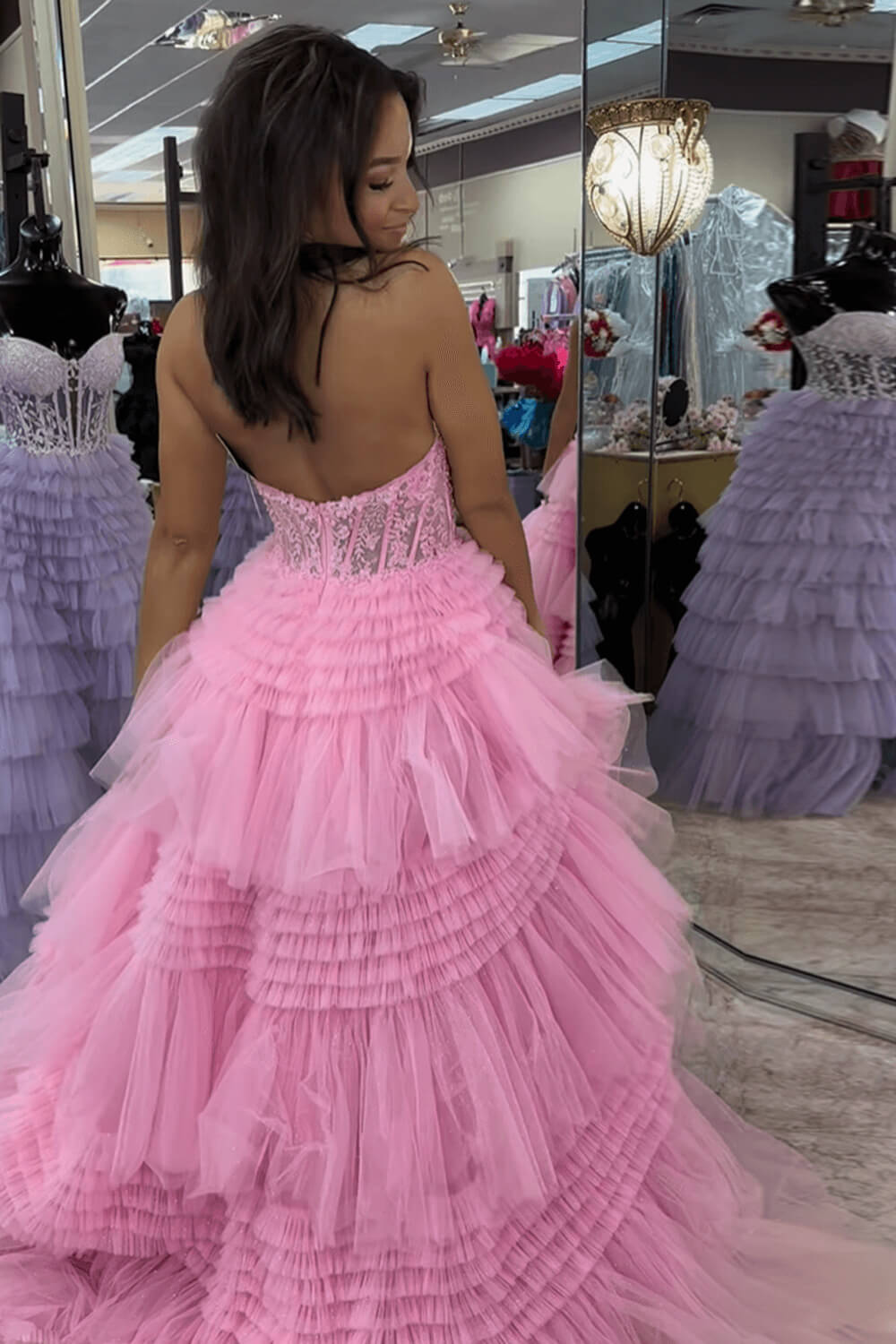 Blue Halter Neck Prom Dress Corset Lace Tiered Formal Dress with Slit