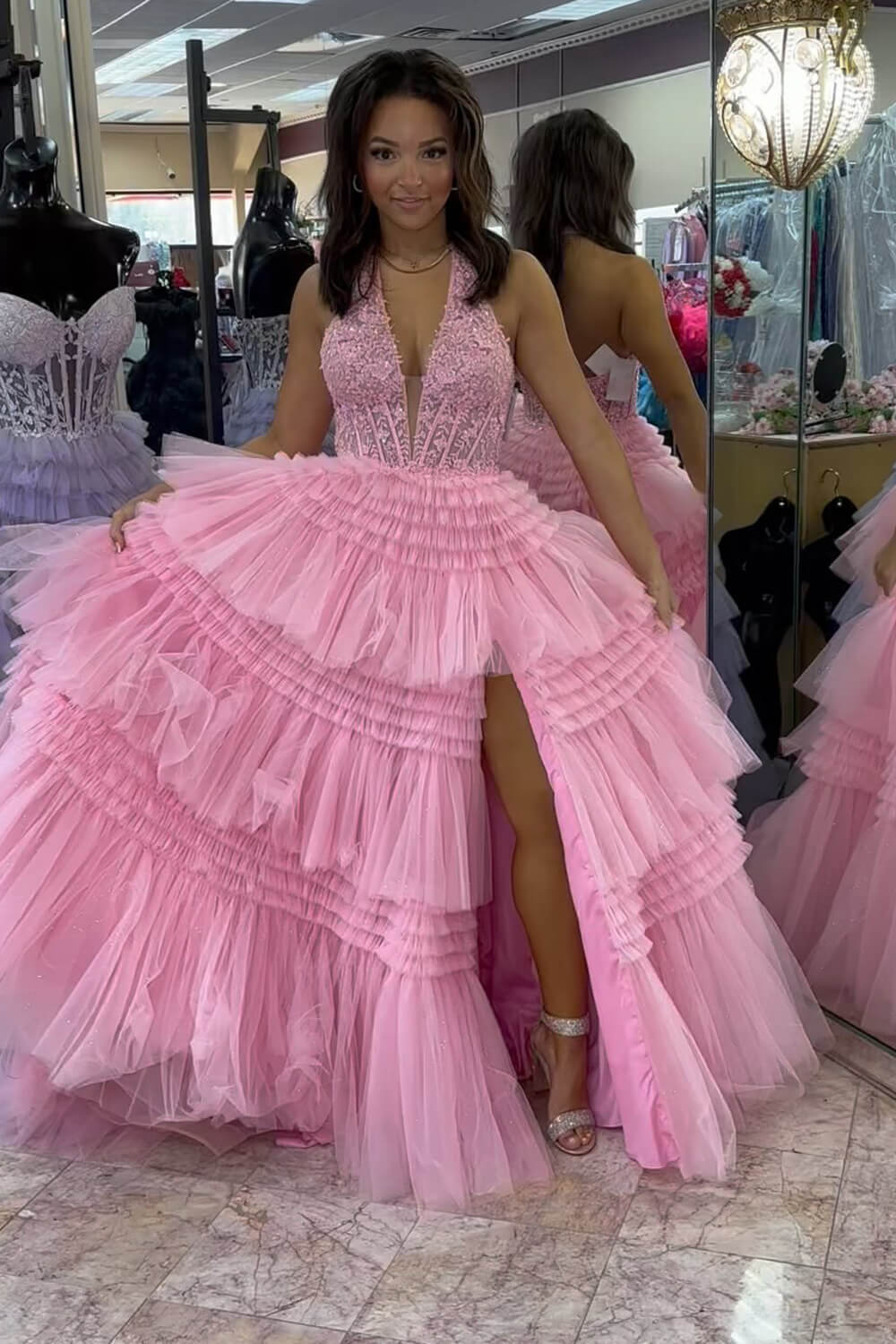 Blue Halter Neck Prom Dress Corset Lace Tiered Formal Dress with Slit