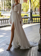A Line Plunge Neck Long Sleeves Chapel Train Chiffon Lace Wedding Dress with Pockets and High Slit