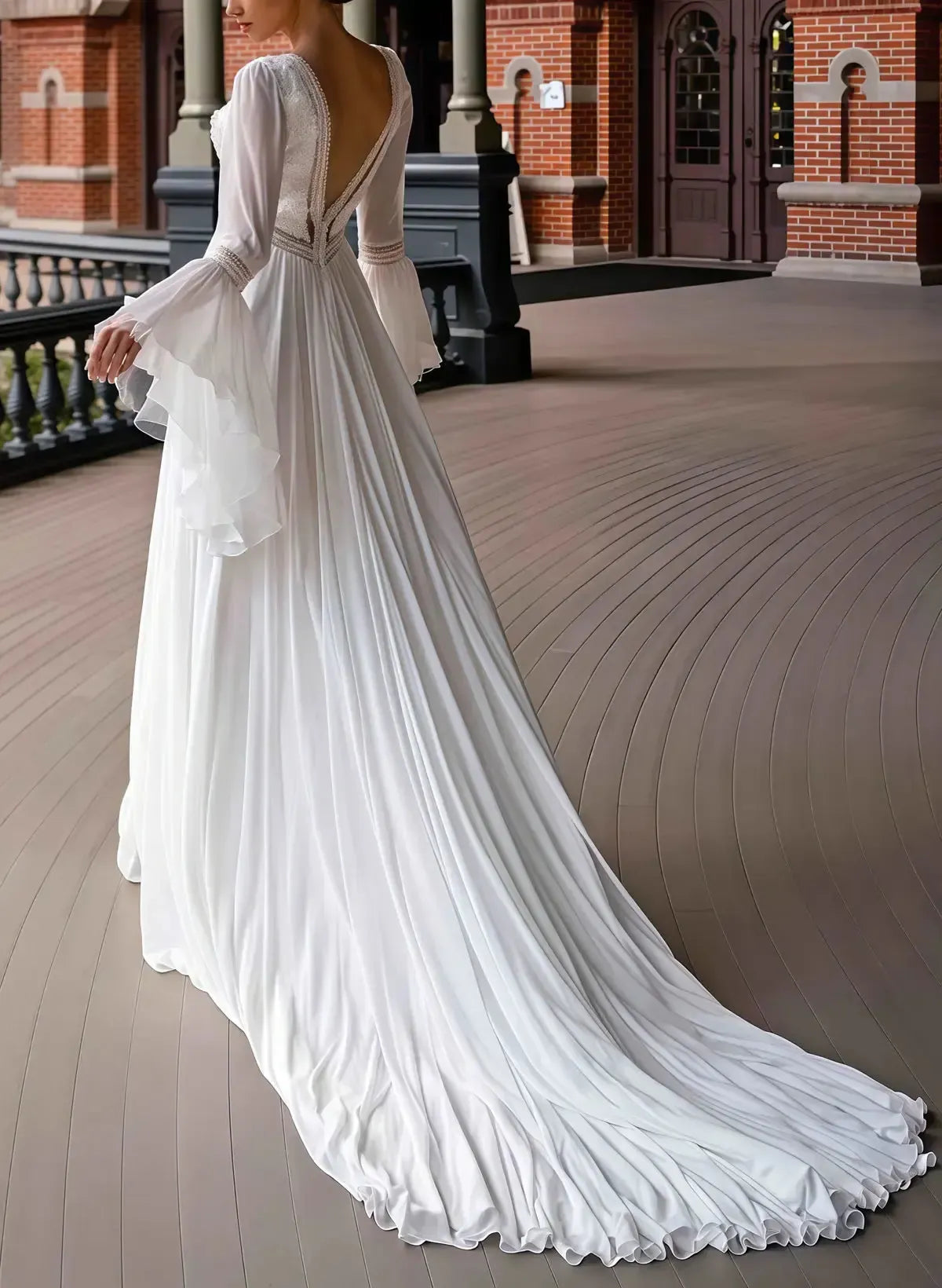 A Line Plunge Neck Long Sleeves Chapel Train Chiffon Lace Wedding Dress with Pockets and High Slit