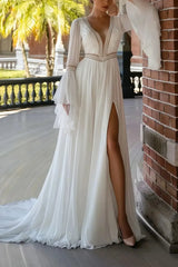 A Line Plunge Neck Long Sleeves Chapel Train Chiffon Lace Wedding Dress with Pockets and High Slit