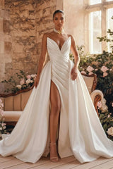 A Line Plunge Neck Sleeveless Court Train Satin Wedding Dress with Overskirt