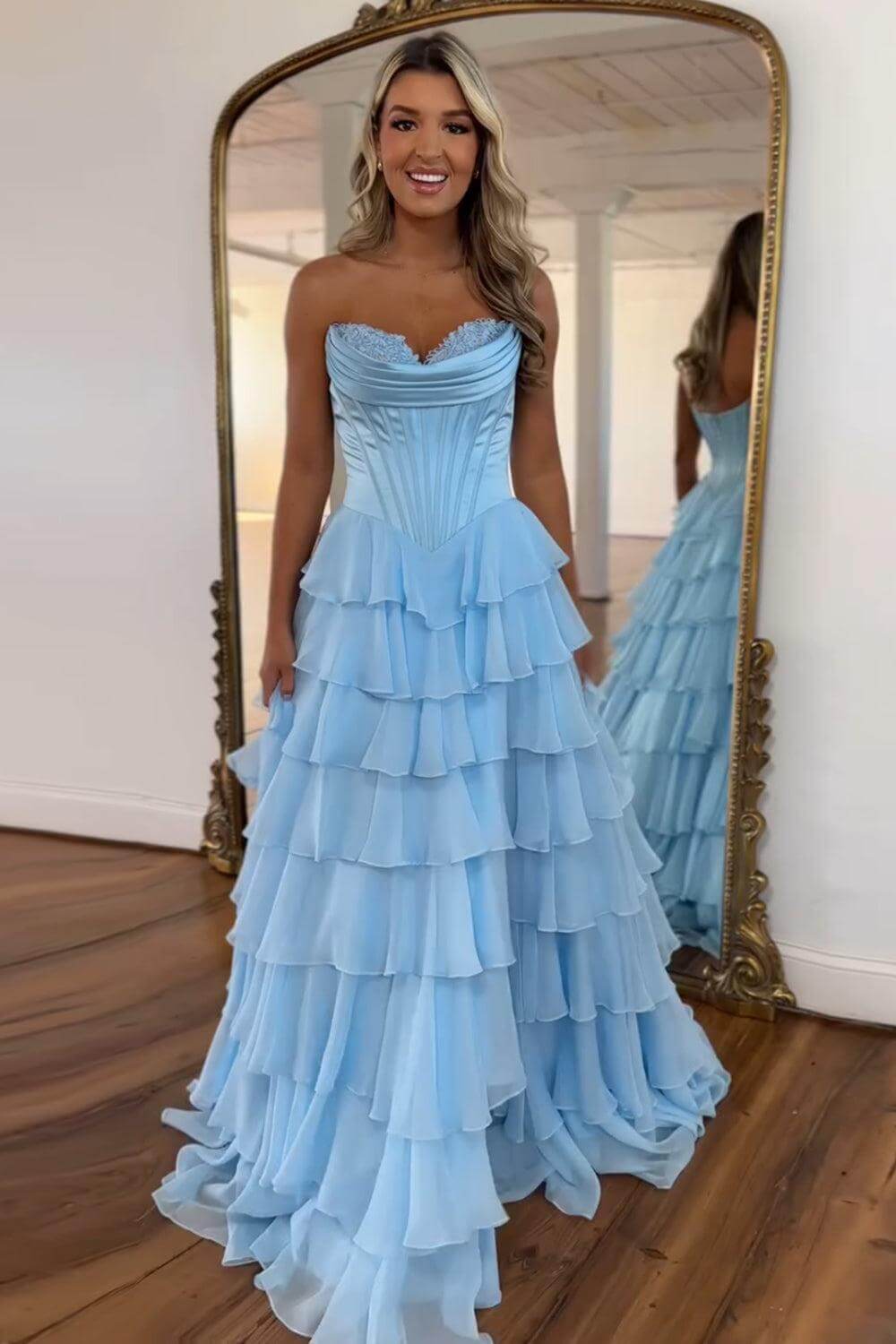 A Line Prom Dress Blue Strapless Tiered Corset Long Evening Dress