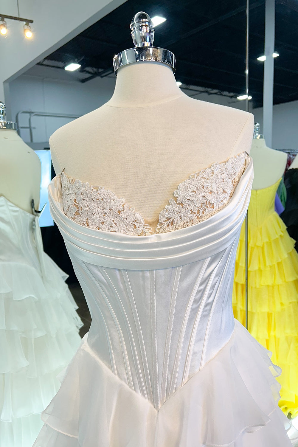 A Line Prom Dress Blue Strapless Tiered Corset Long Evening Dress