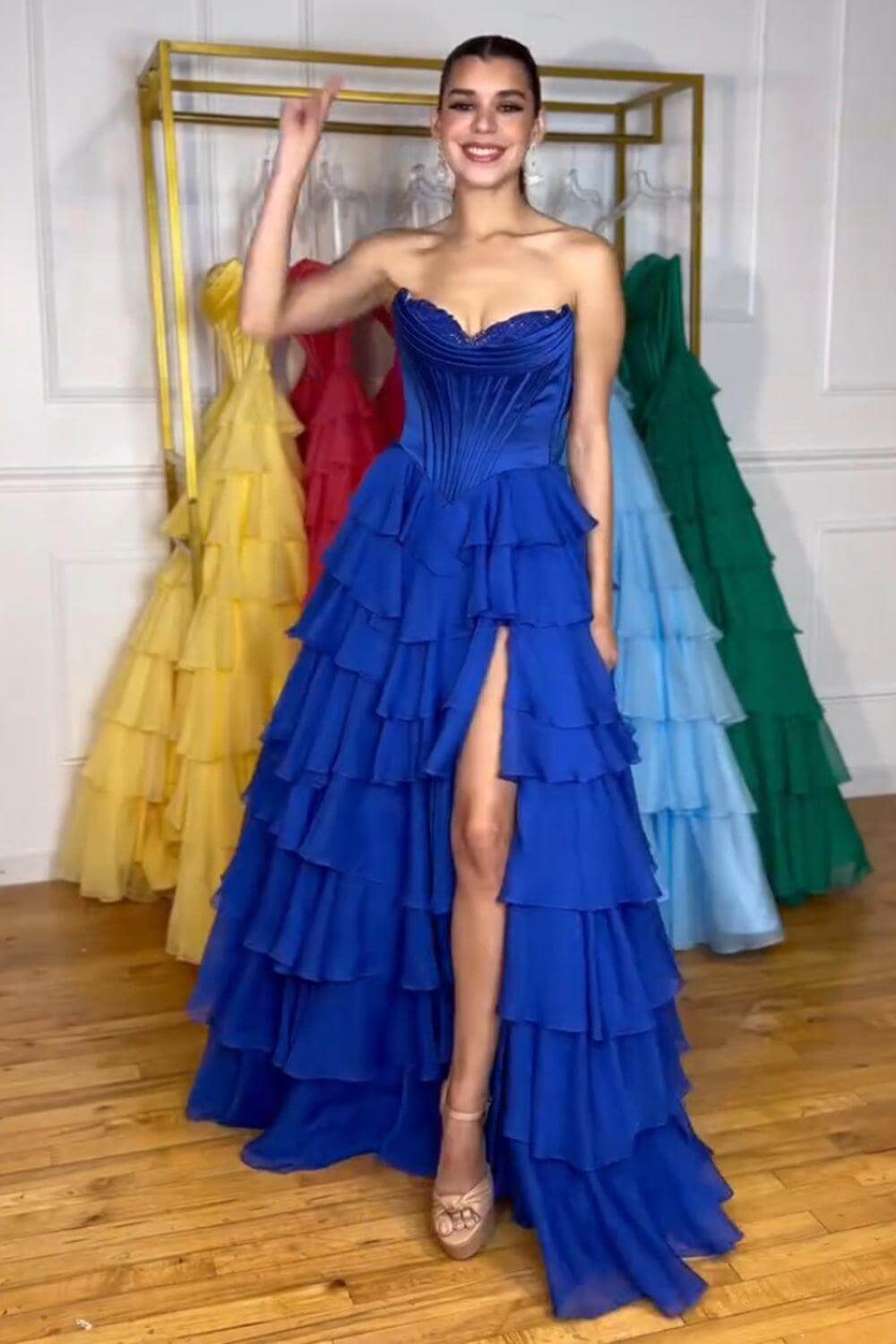 A Line Prom Dress Blue Strapless Tiered Corset Long Evening Dress