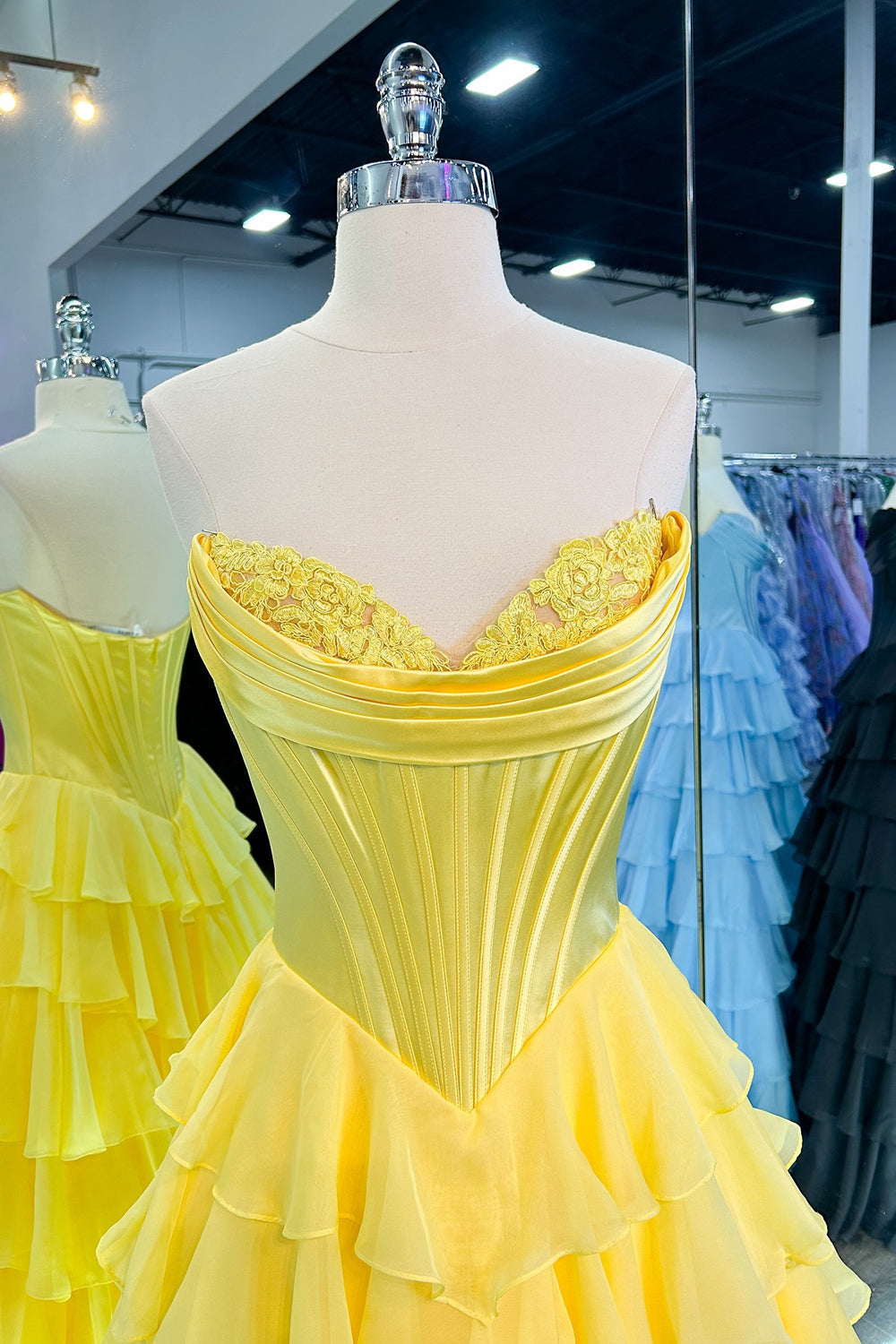 A Line Prom Dress Blue Strapless Tiered Corset Long Evening Dress