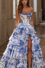 A Line Prom Dress Blue Sweetheart Corset Floral Tiered Lace Up Evening Dress