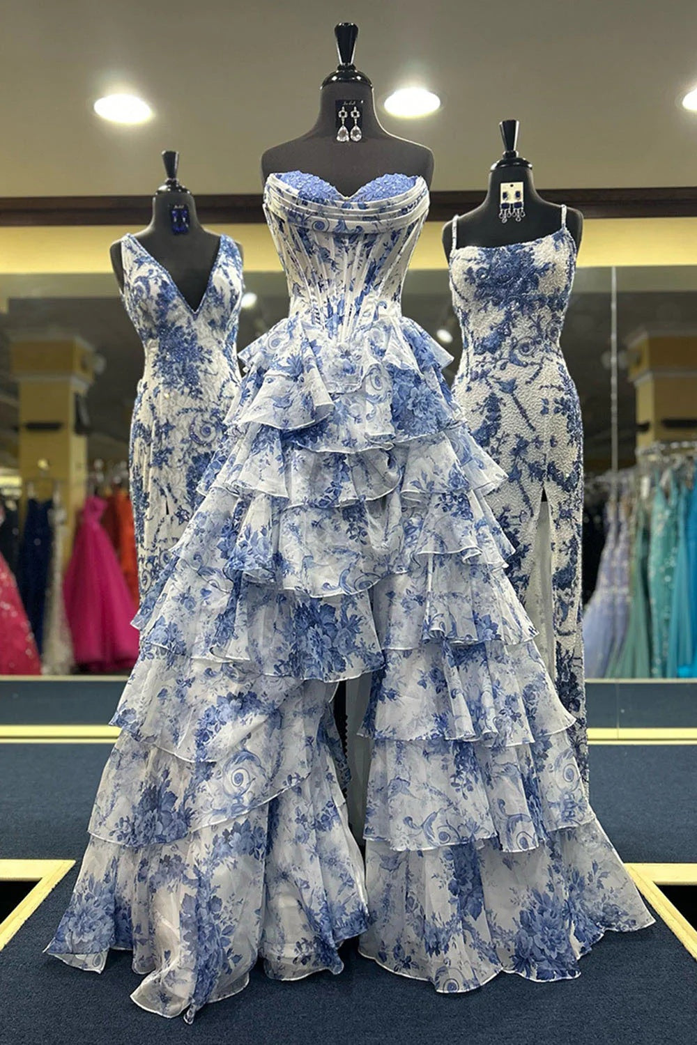A Line Prom Dress Blue Sweetheart Corset Floral Tiered Lace Up Evening Dress
