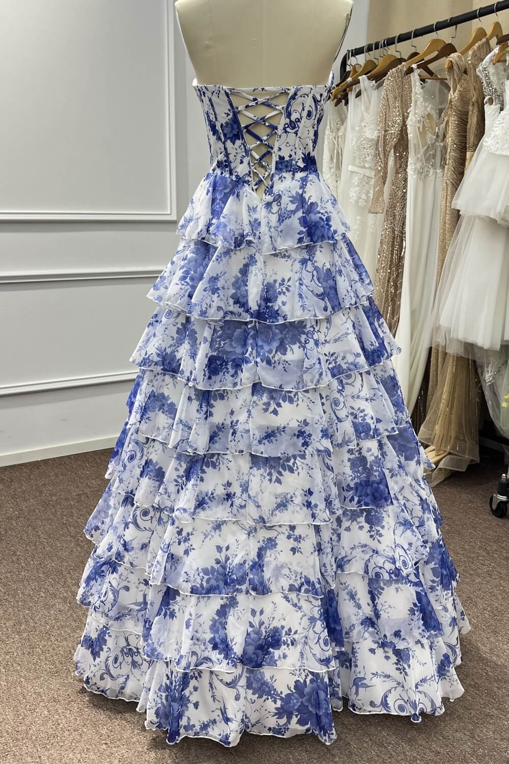 A Line Prom Dress Blue Sweetheart Corset Floral Tiered Lace Up Evening Dress