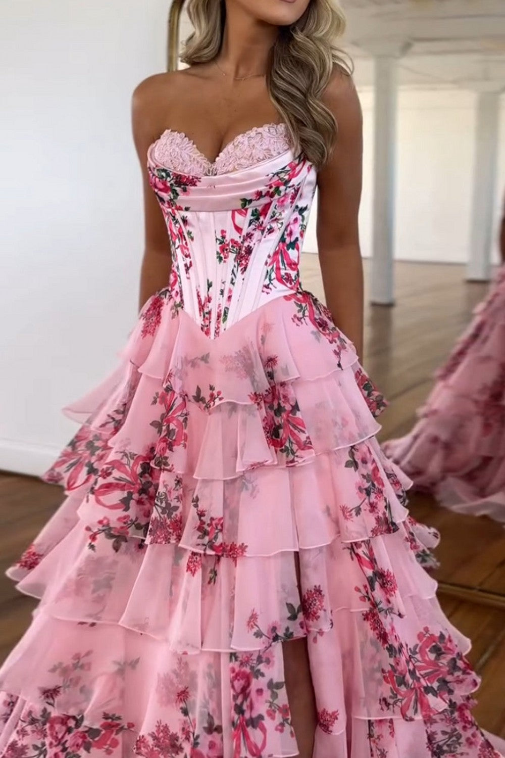 A Line Prom Dress Blue Sweetheart Corset Floral Tiered Lace Up Evening Dress