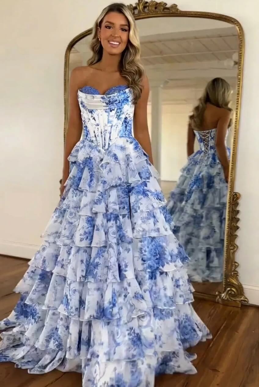 A Line Prom Dress Blue Sweetheart Corset Floral Tiered Lace Up Evening Dress