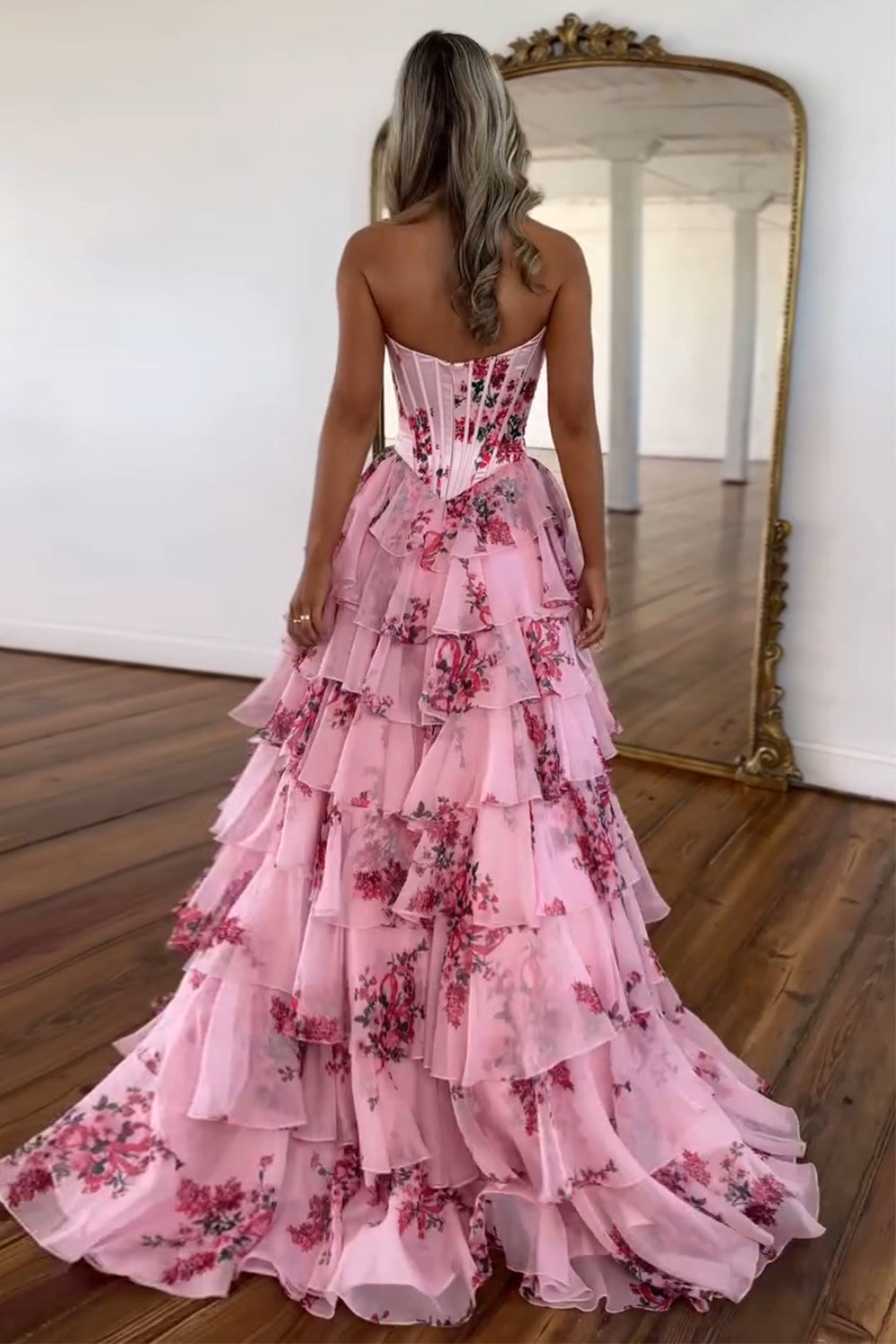 A Line Prom Dress Blush Sweetheart Corset Floral Tiered Long Evening Dress