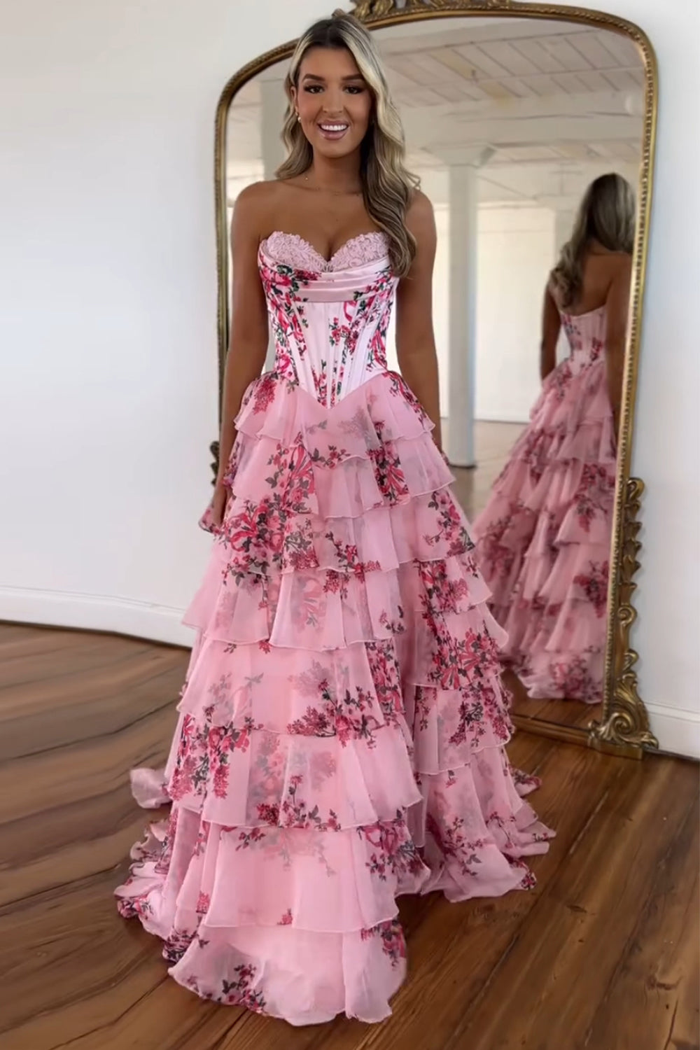 A Line Prom Dress Blush Sweetheart Corset Floral Tiered Long Evening Dress
