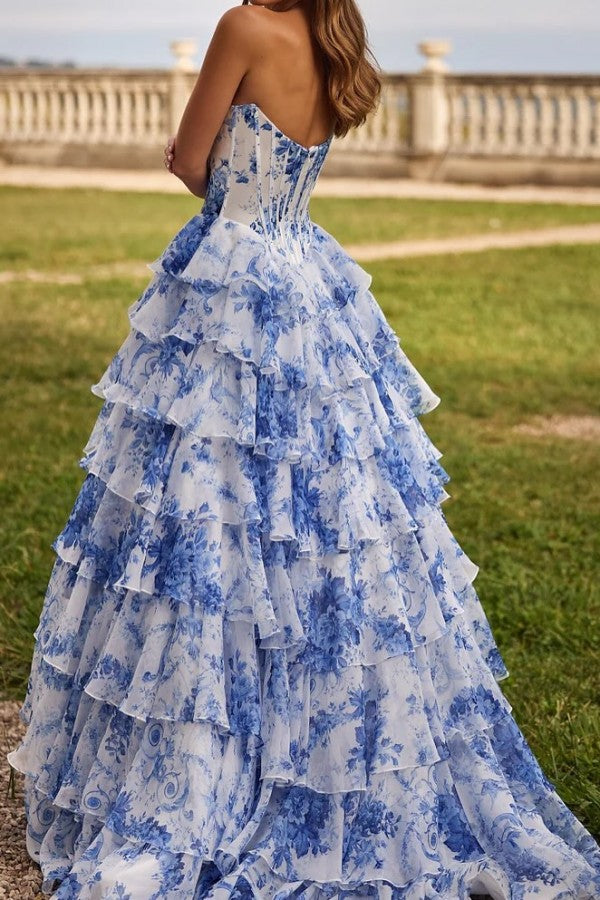 A Line Prom Dress Blush Sweetheart Corset Floral Tiered Long Evening Dress