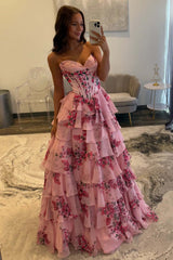 A Line Prom Dress Blush Sweetheart Corset Floral Tiered Long Evening Dress