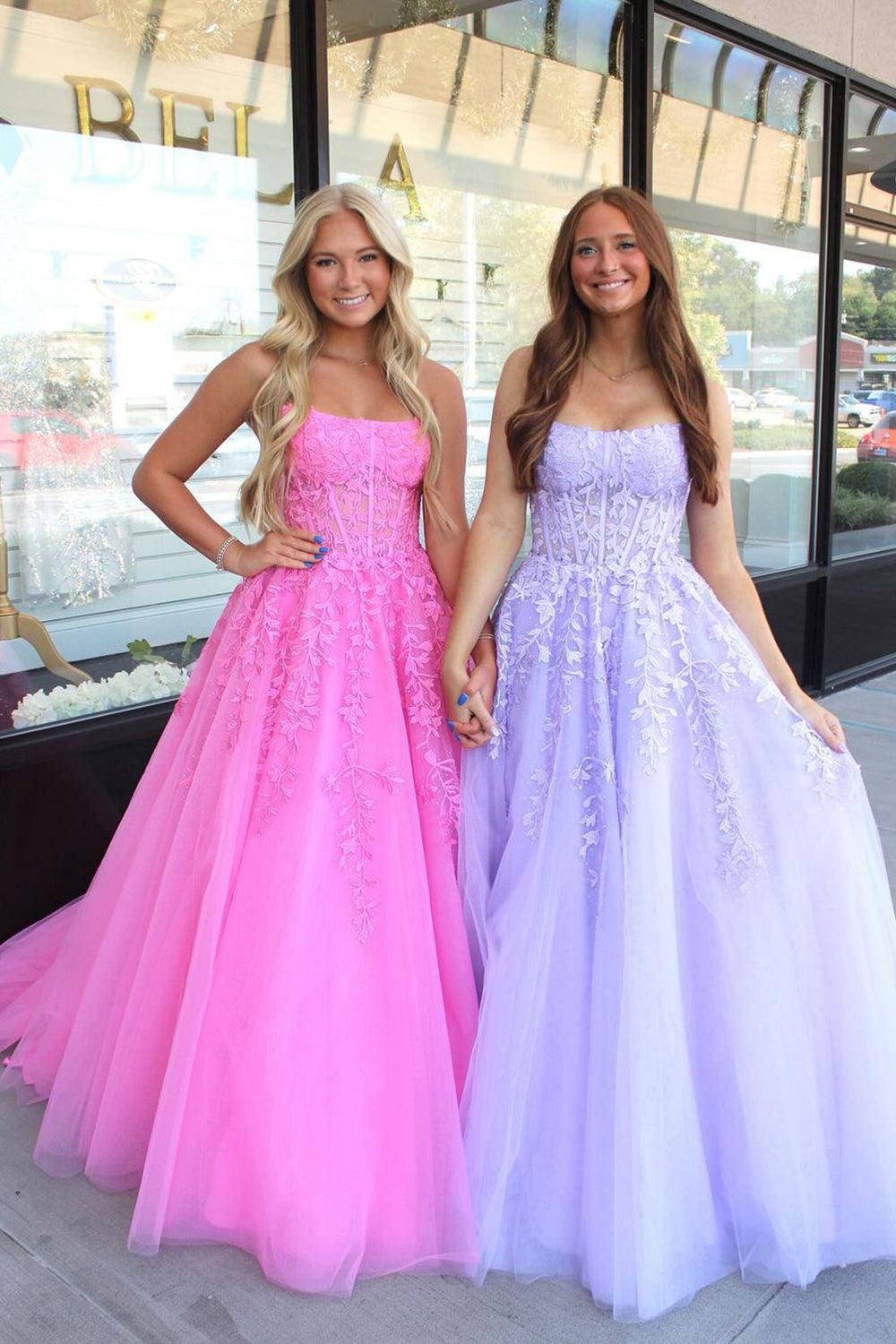 A Line Prom Dress Lilac Strapless Corset Tulle Long Evening Dress with Appliques