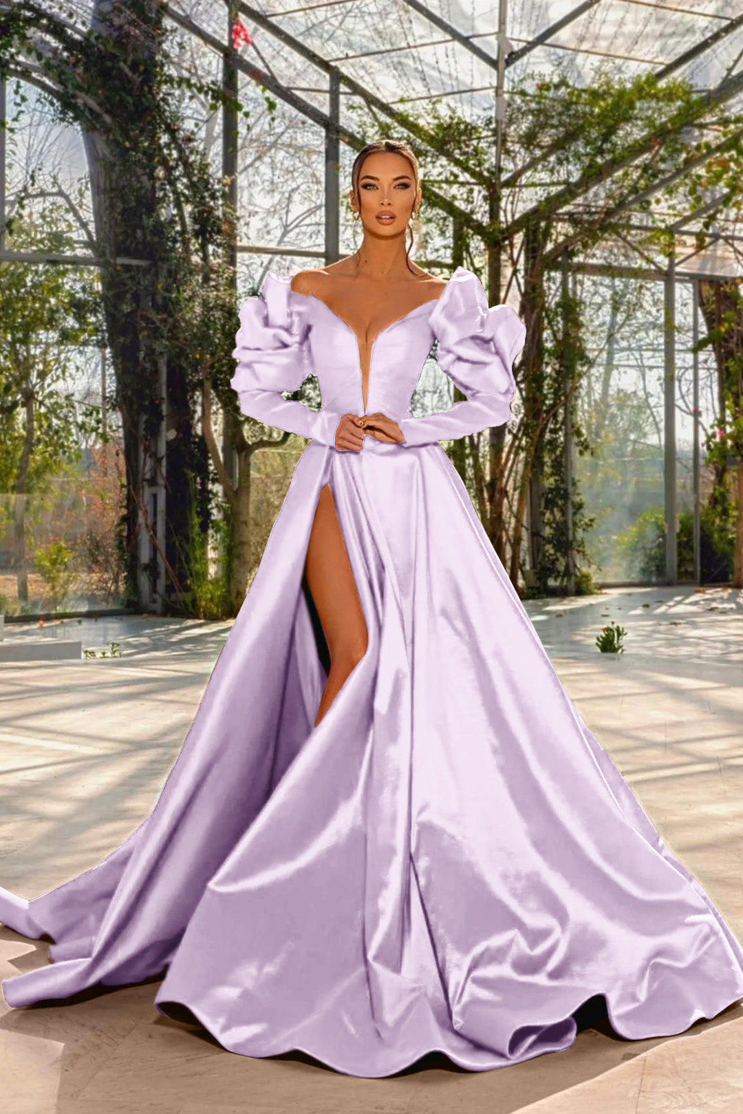 A Line Prom Dress Long Sleeve Off the Shoulder Satin Evening Dress