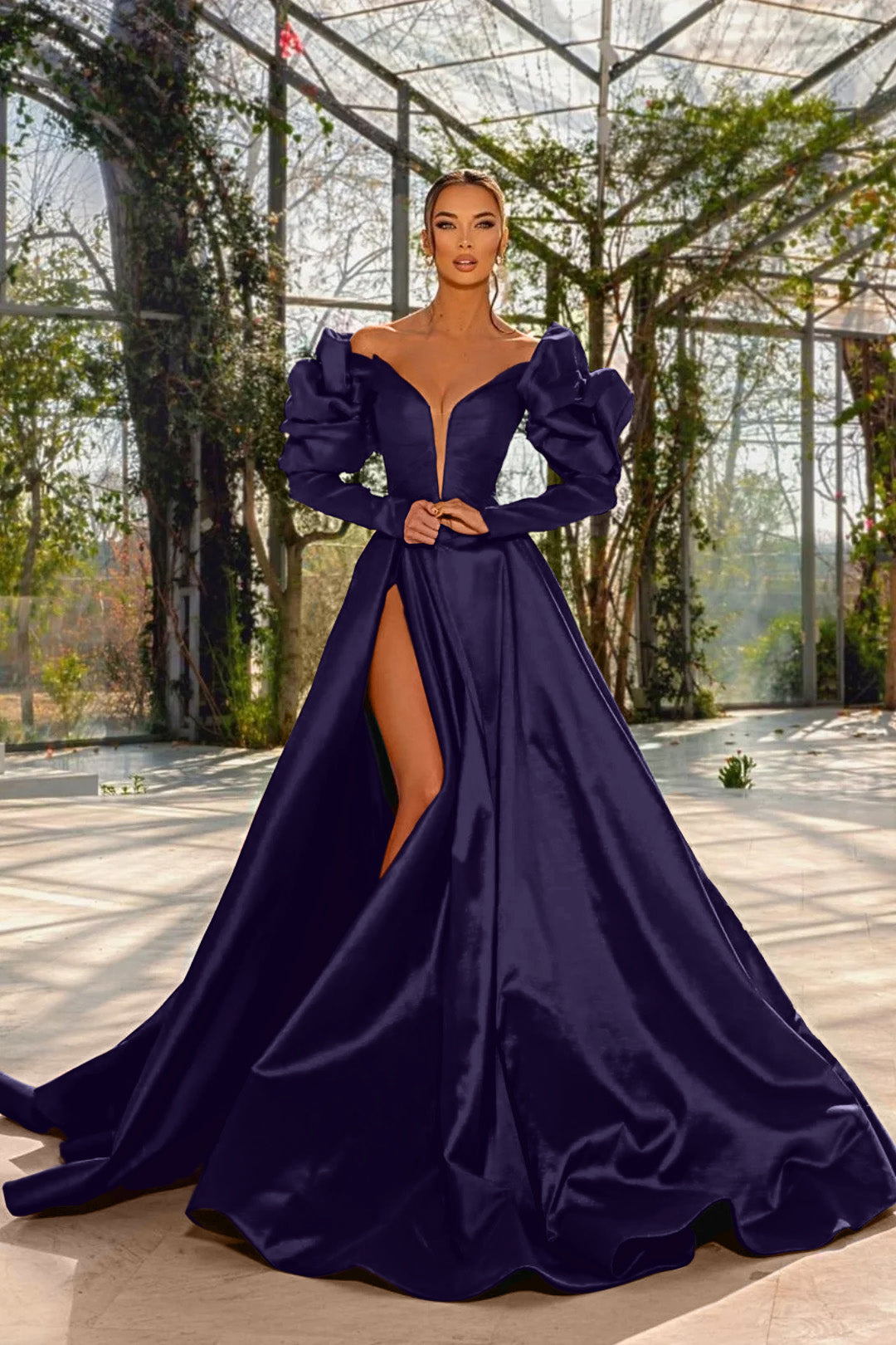 A Line Prom Dress Long Sleeve Off the Shoulder Satin Evening Dress