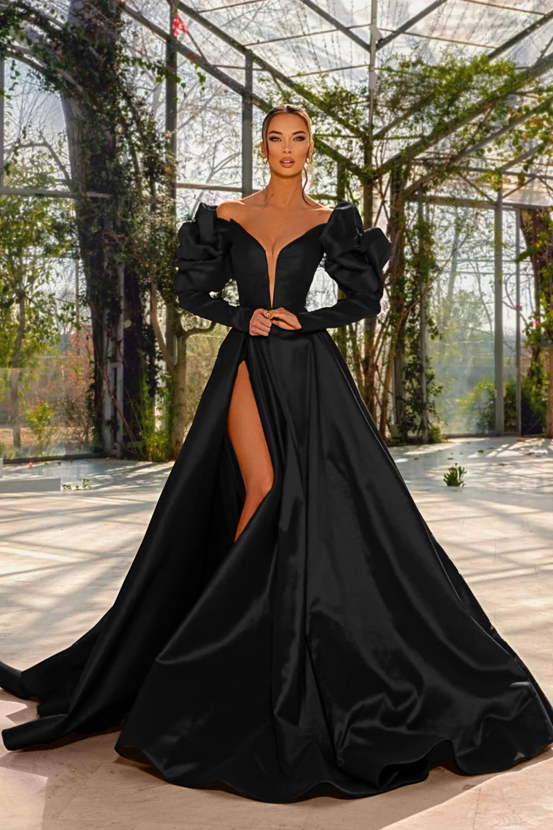A Line Prom Dress Long Sleeve Off the Shoulder Satin Evening Dress
