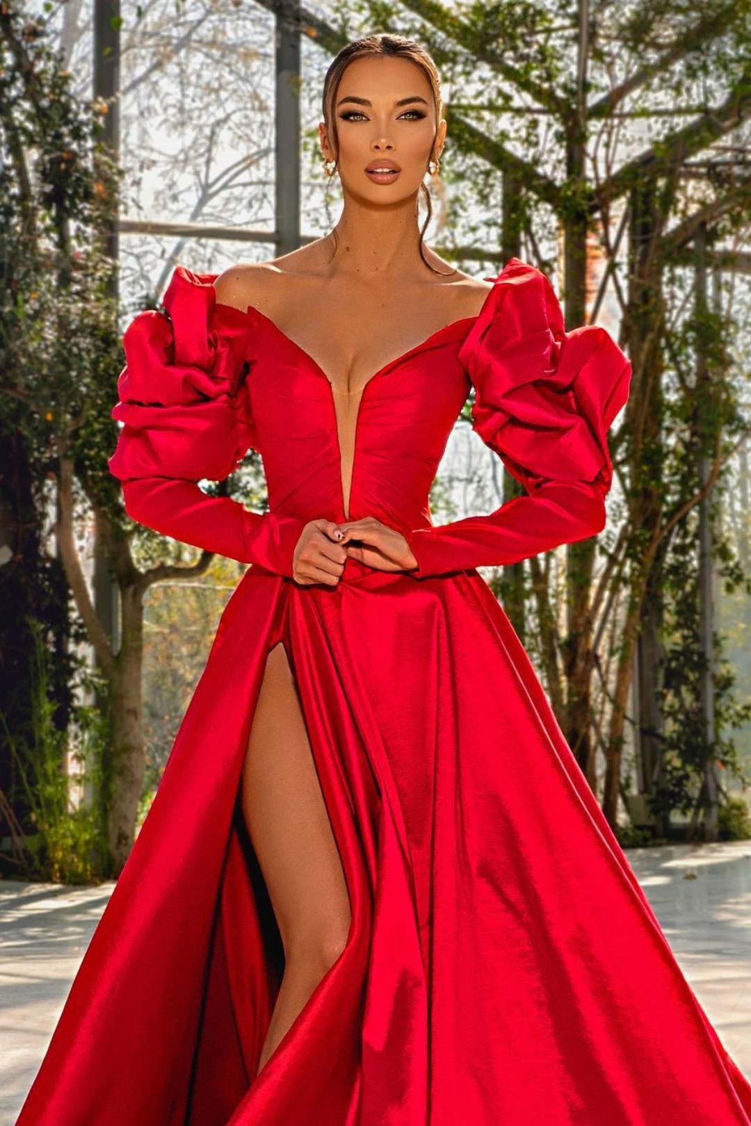 A Line Prom Dress Long Sleeve Off the Shoulder Satin Evening Dress