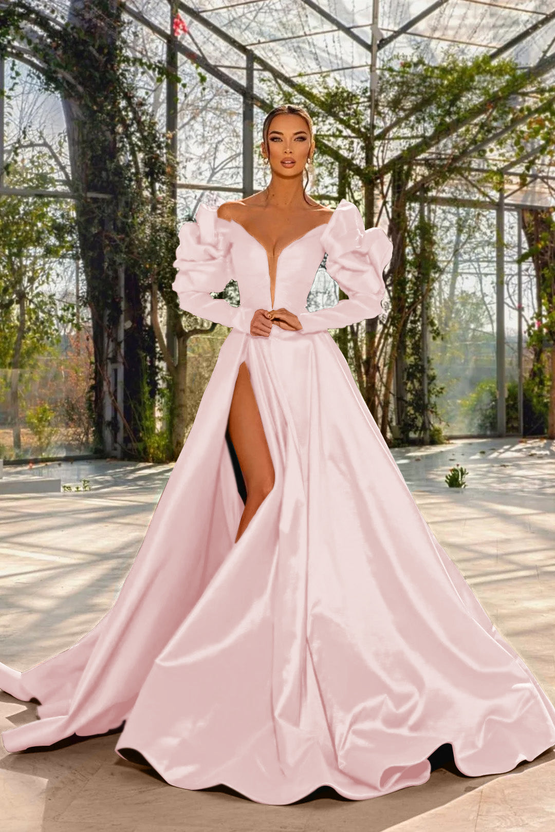 A Line Prom Dress Long Sleeve Off the Shoulder Satin Evening Dress