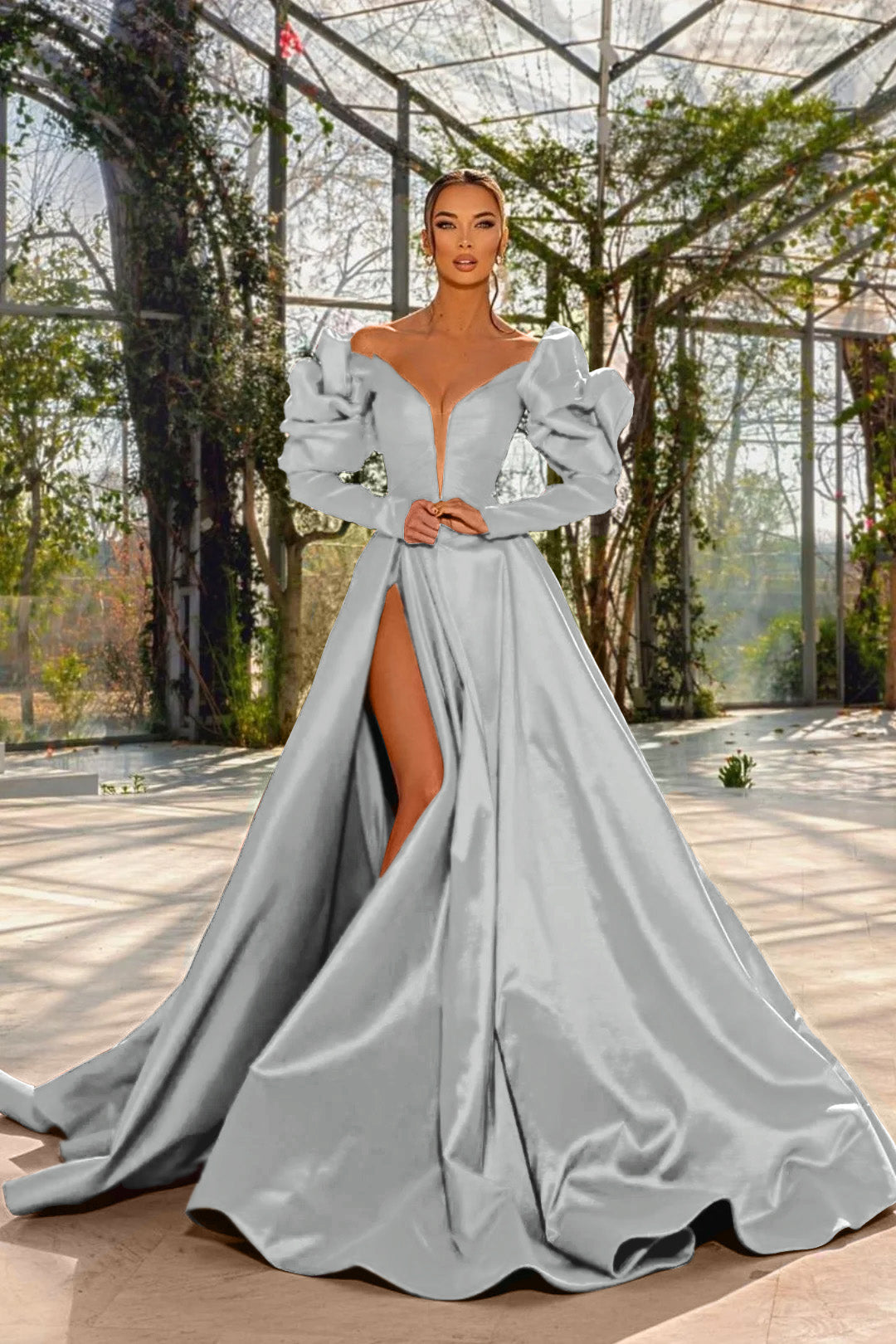 A Line Prom Dress Long Sleeve Off the Shoulder Satin Evening Dress