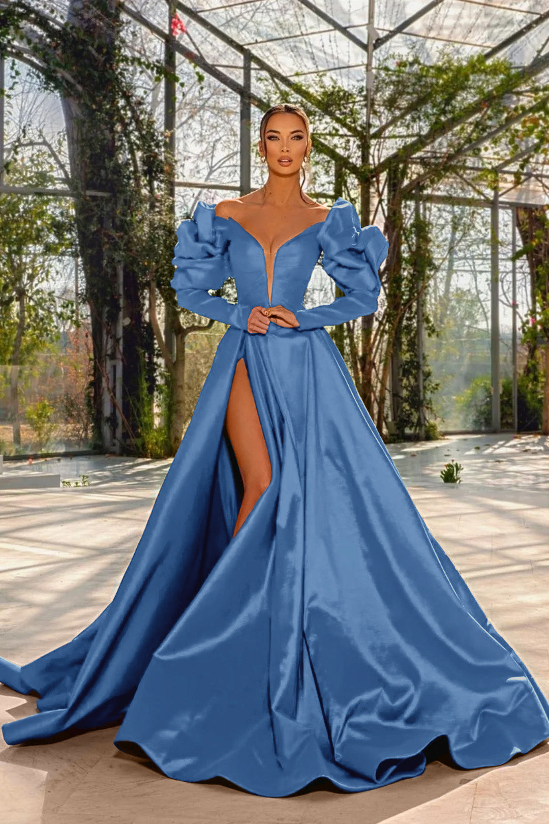 A Line Prom Dress Long Sleeve Off the Shoulder Satin Evening Dress