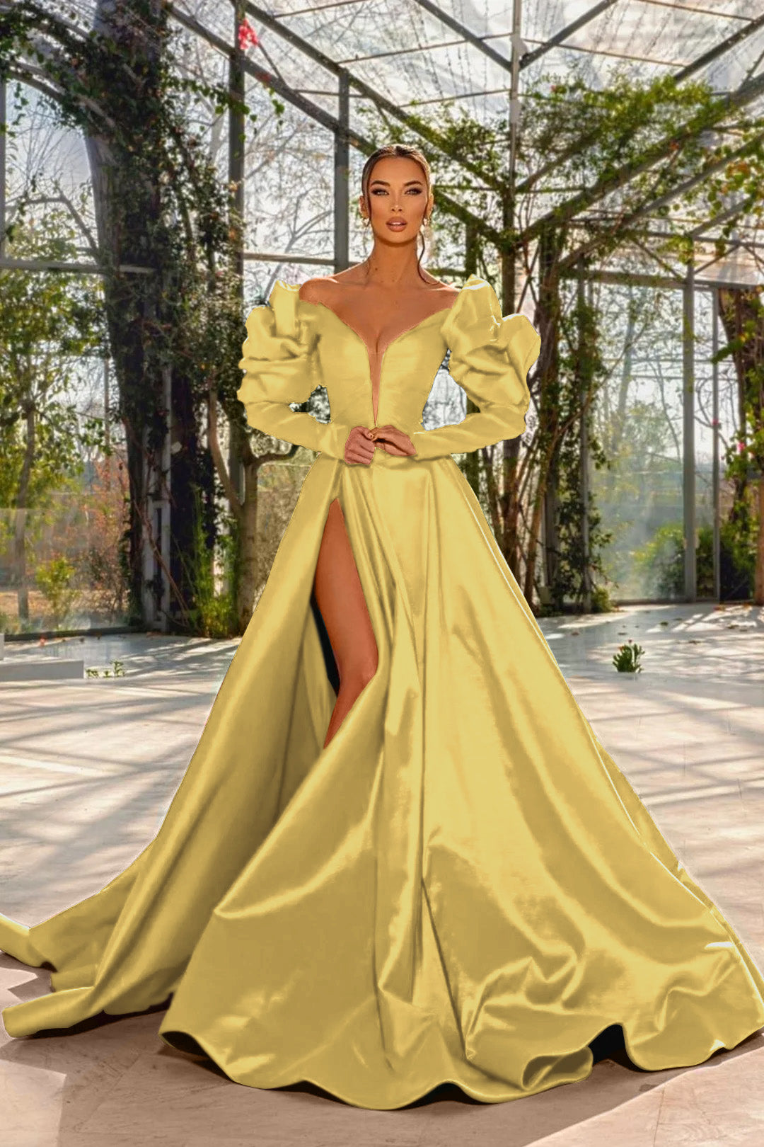 A Line Prom Dress Long Sleeve Off the Shoulder Satin Evening Dress
