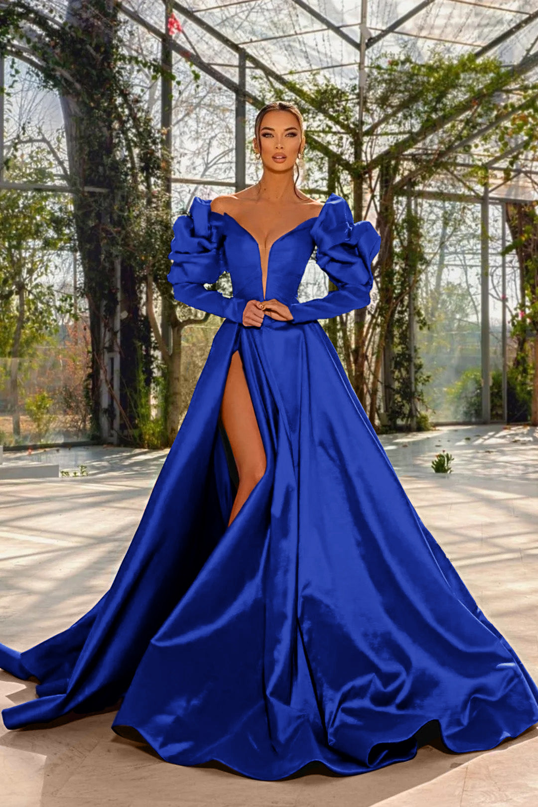 A Line Prom Dress Long Sleeve Off the Shoulder Satin Evening Dress