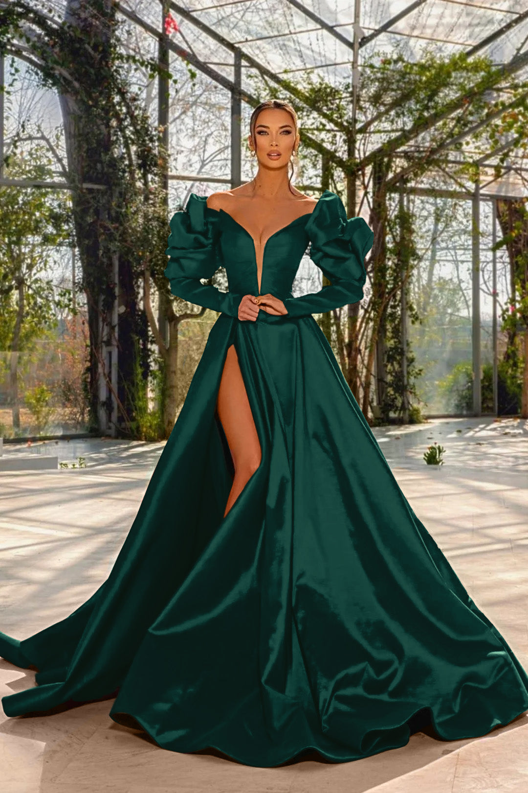 A Line Prom Dress Long Sleeve Off the Shoulder Satin Evening Dress