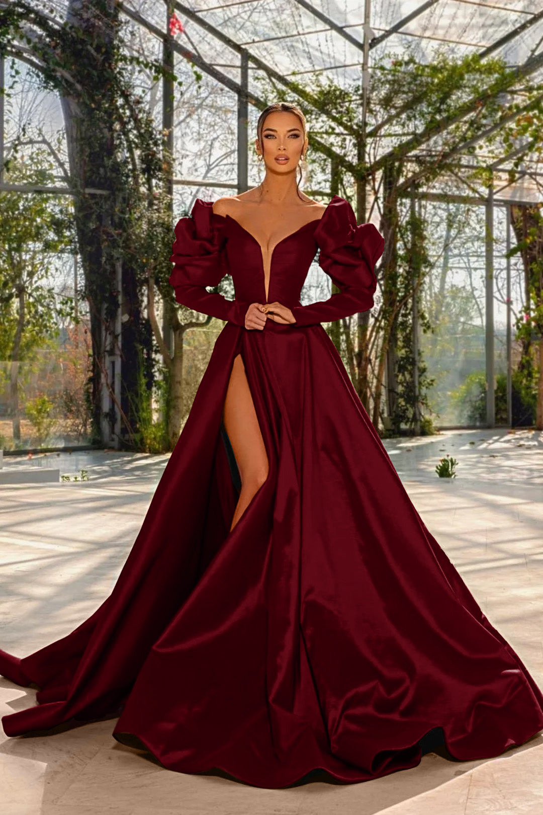 A Line Prom Dress Long Sleeve Off the Shoulder Satin Evening Dress