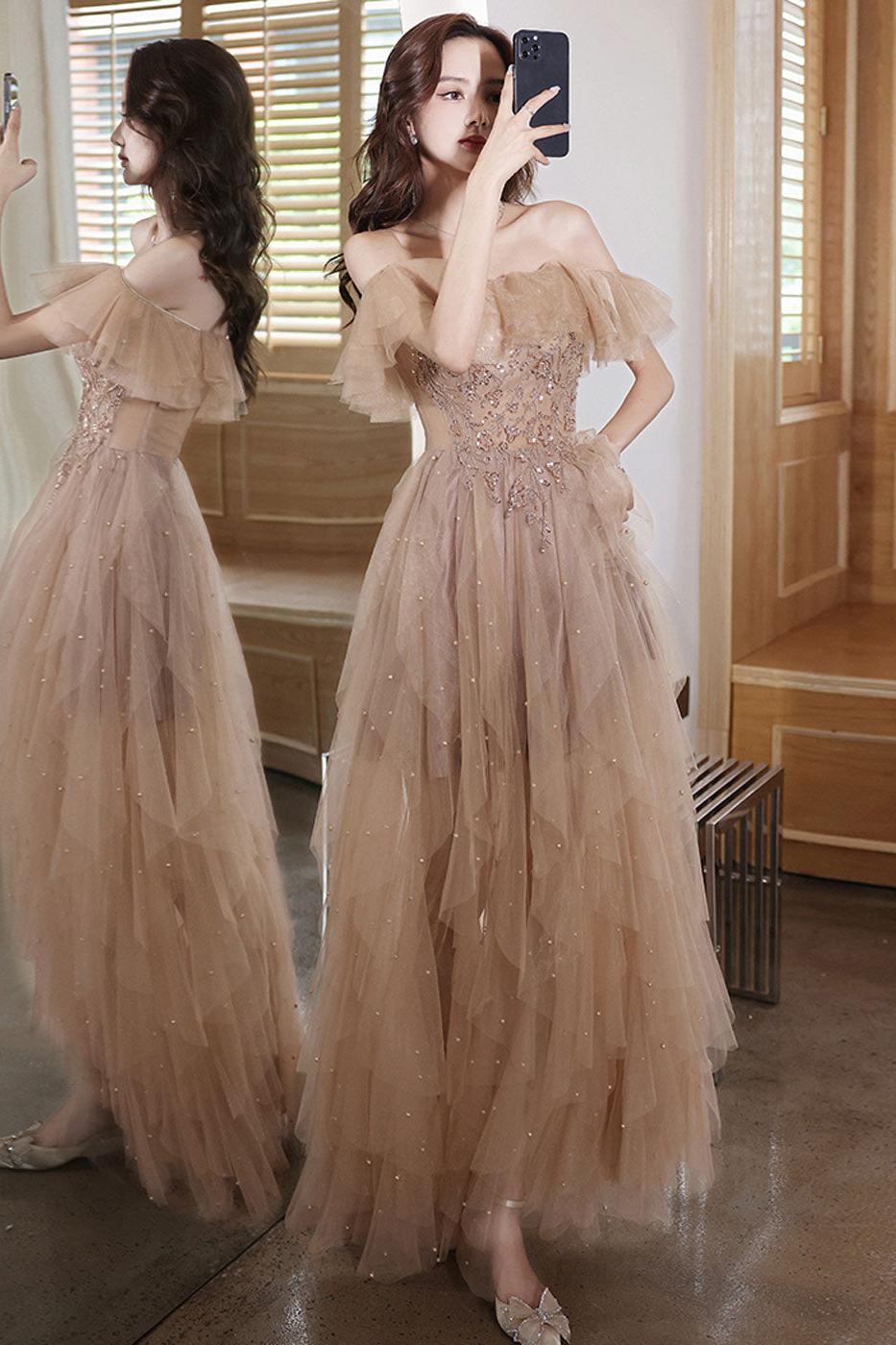 A Line Prom Dress Off the Shoulder Champagne Long Formal Evening Dress