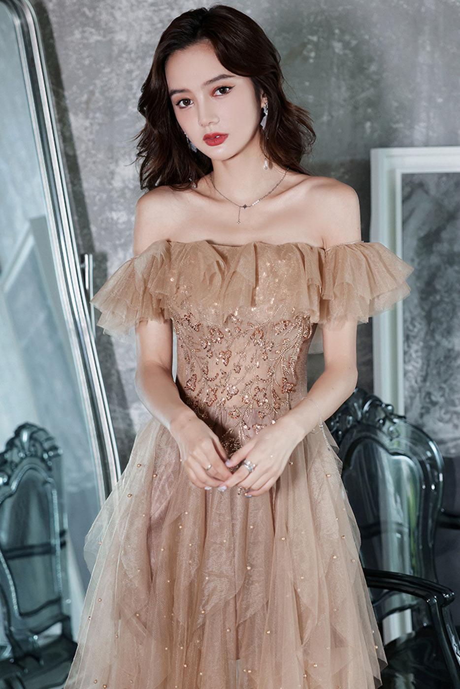 A Line Prom Dress Off the Shoulder Champagne Long Formal Evening Dress
