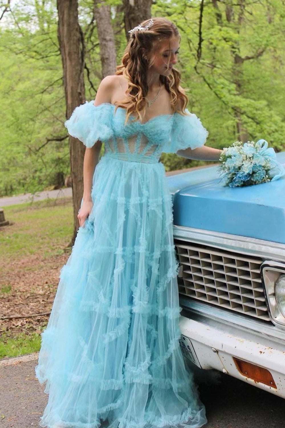 A Line Prom Dress Off the Shoulder Light Blue Tulle Corset Evening Dress with Bowknot