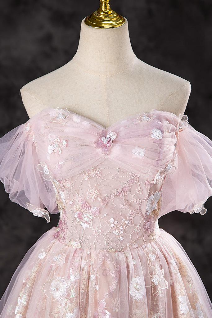 A Line Prom Dress Off the Shoulder Pink Long Sweet 16 Dress Evening Dress