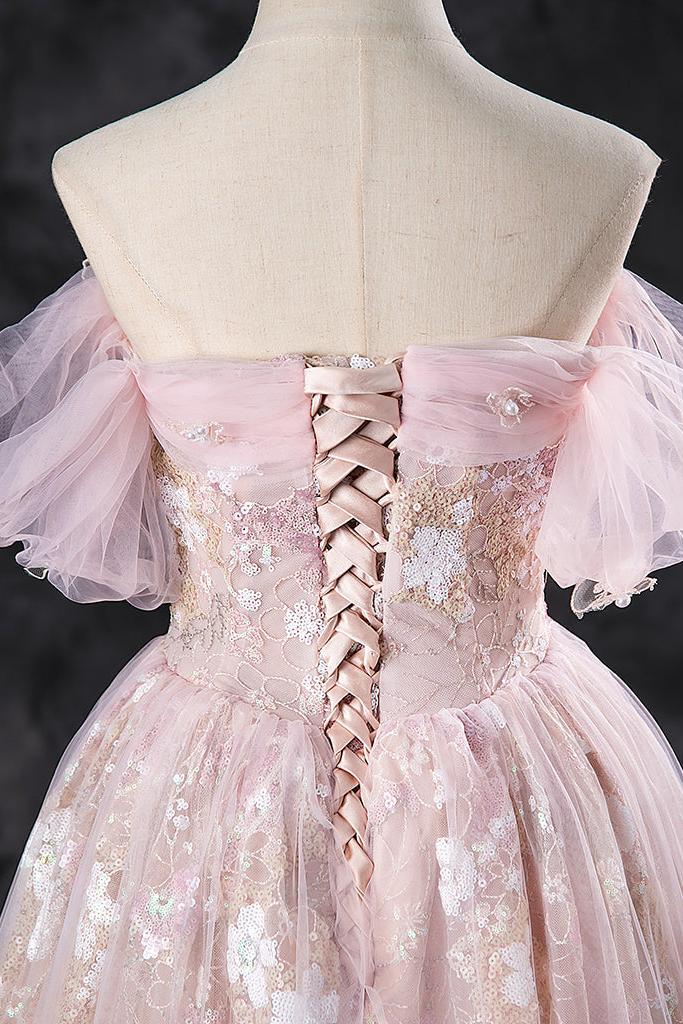 A Line Prom Dress Off the Shoulder Pink Long Sweet 16 Dress Evening Dress