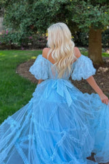 A Line Prom Dress Off the Shoulder Pink Tulle Corset Evening Dress with Bowknot