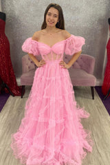 A Line Prom Dress Off the Shoulder Pink Tulle Corset Evening Dress with Bowknot