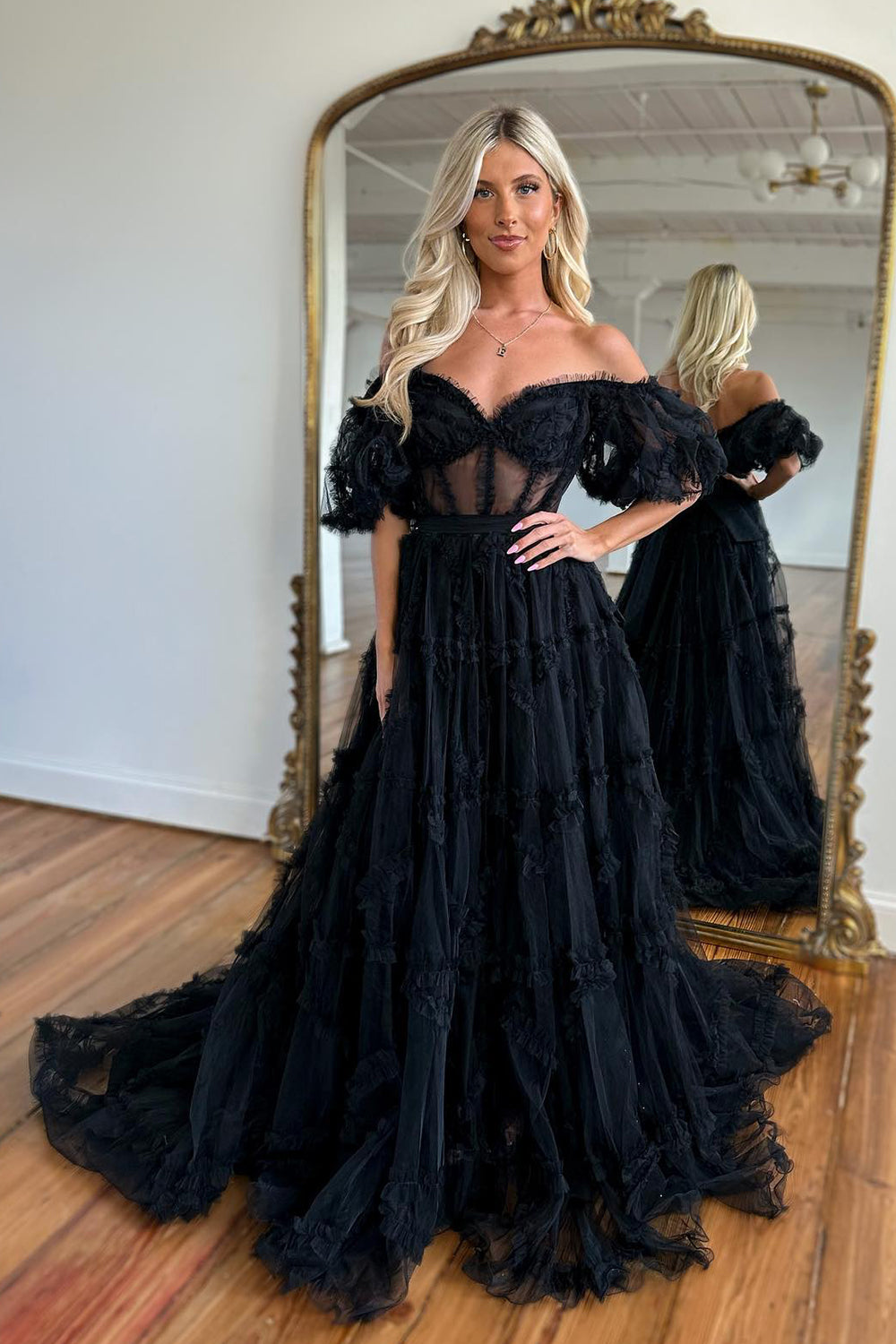 A Line Prom Dress Off the Shoulder Red Tulle Corset Evening Dress with Bowknot