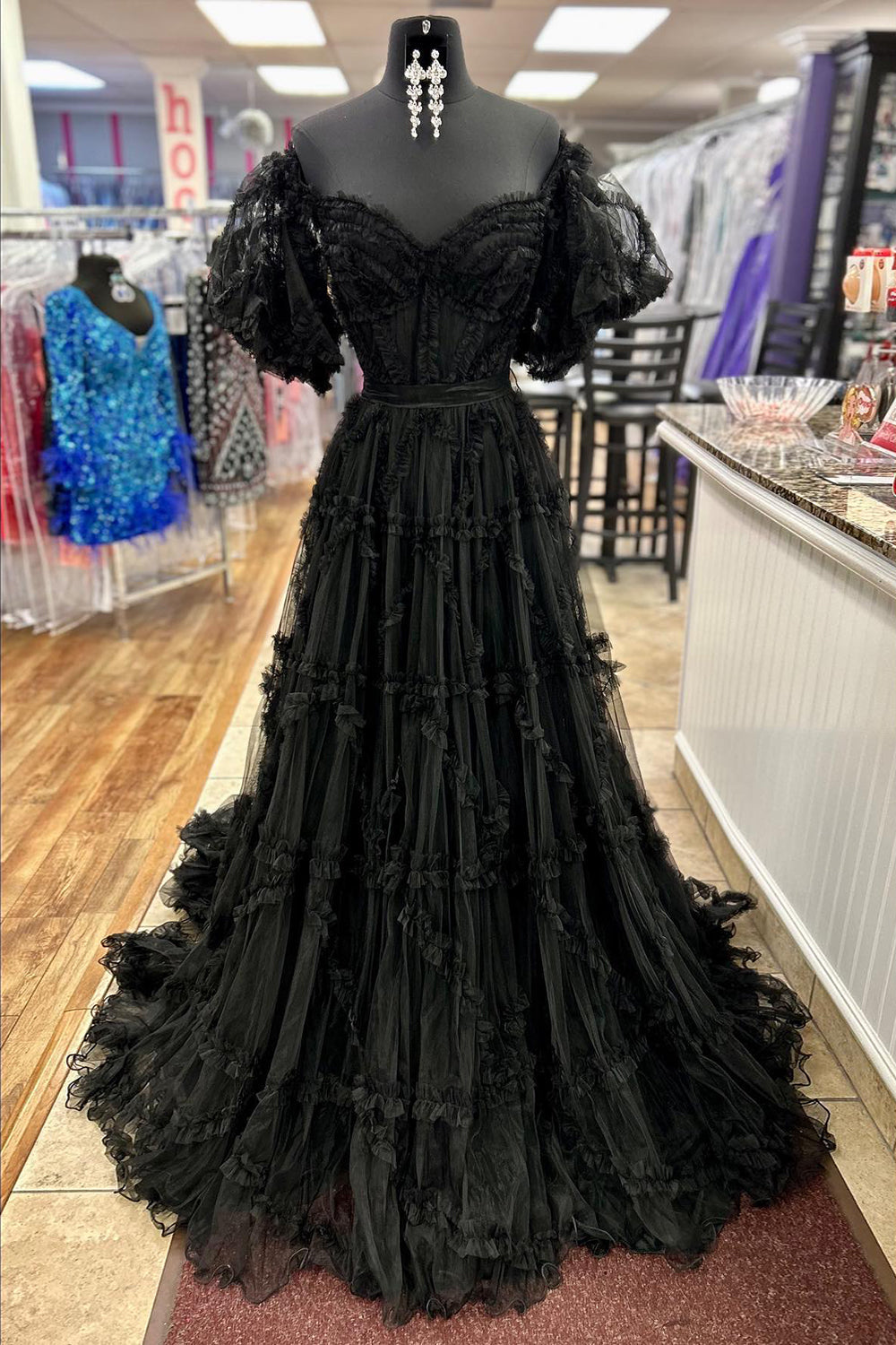 A Line Prom Dress Off the Shoulder Red Tulle Corset Evening Dress with Bowknot