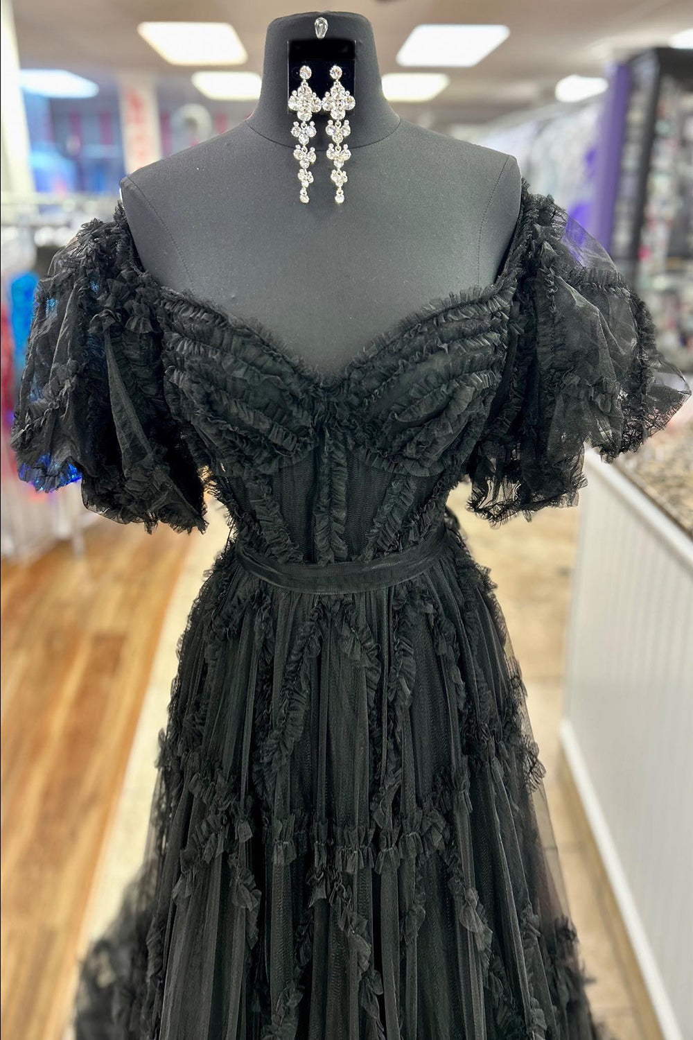 A Line Prom Dress Off the Shoulder Red Tulle Corset Evening Dress with Bowknot