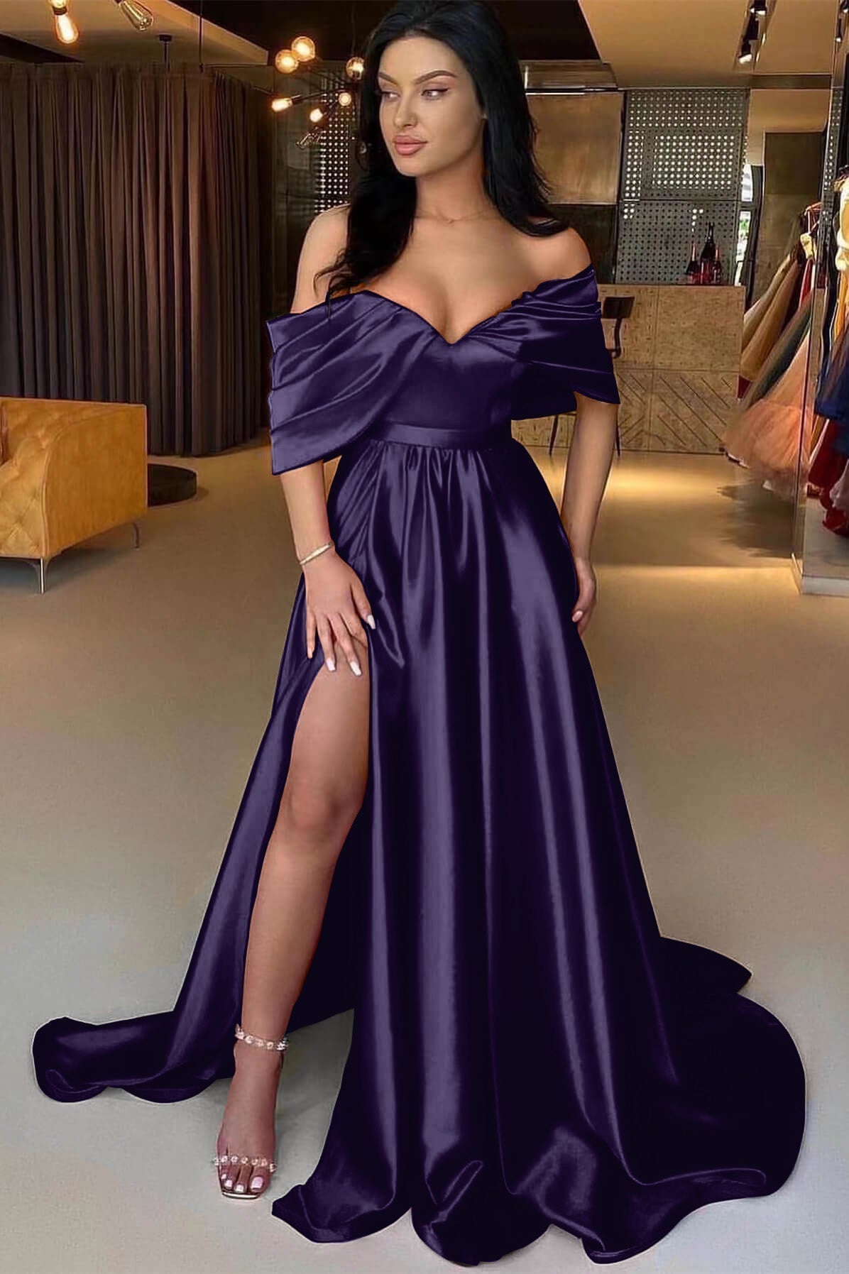 A Line Prom Dress Off the Shoulder Satin Evening Dress