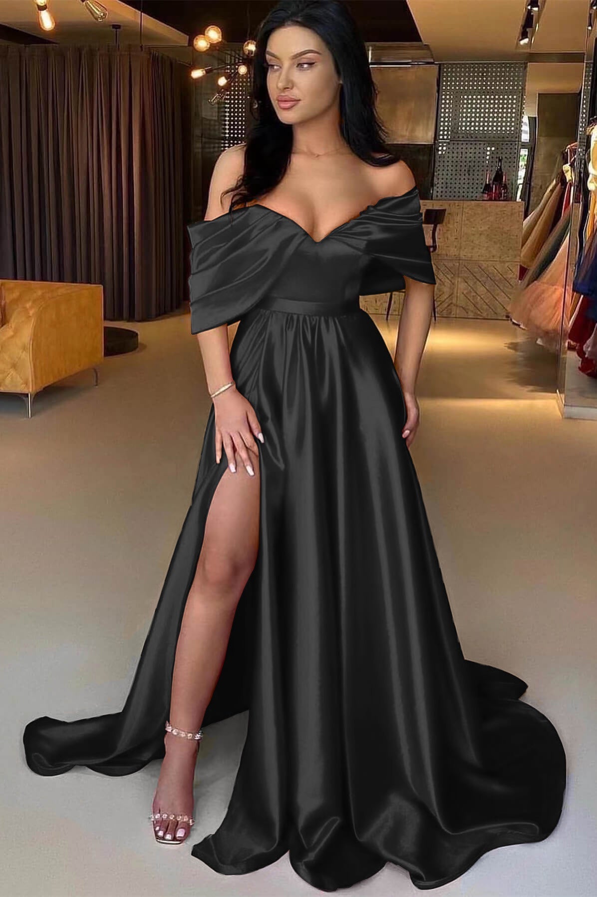 A Line Prom Dress Off the Shoulder Satin Evening Dress