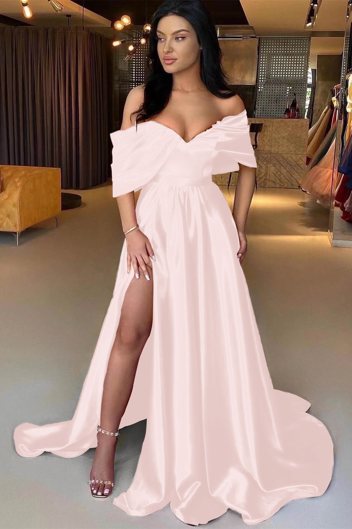 A Line Prom Dress Off the Shoulder Satin Evening Dress