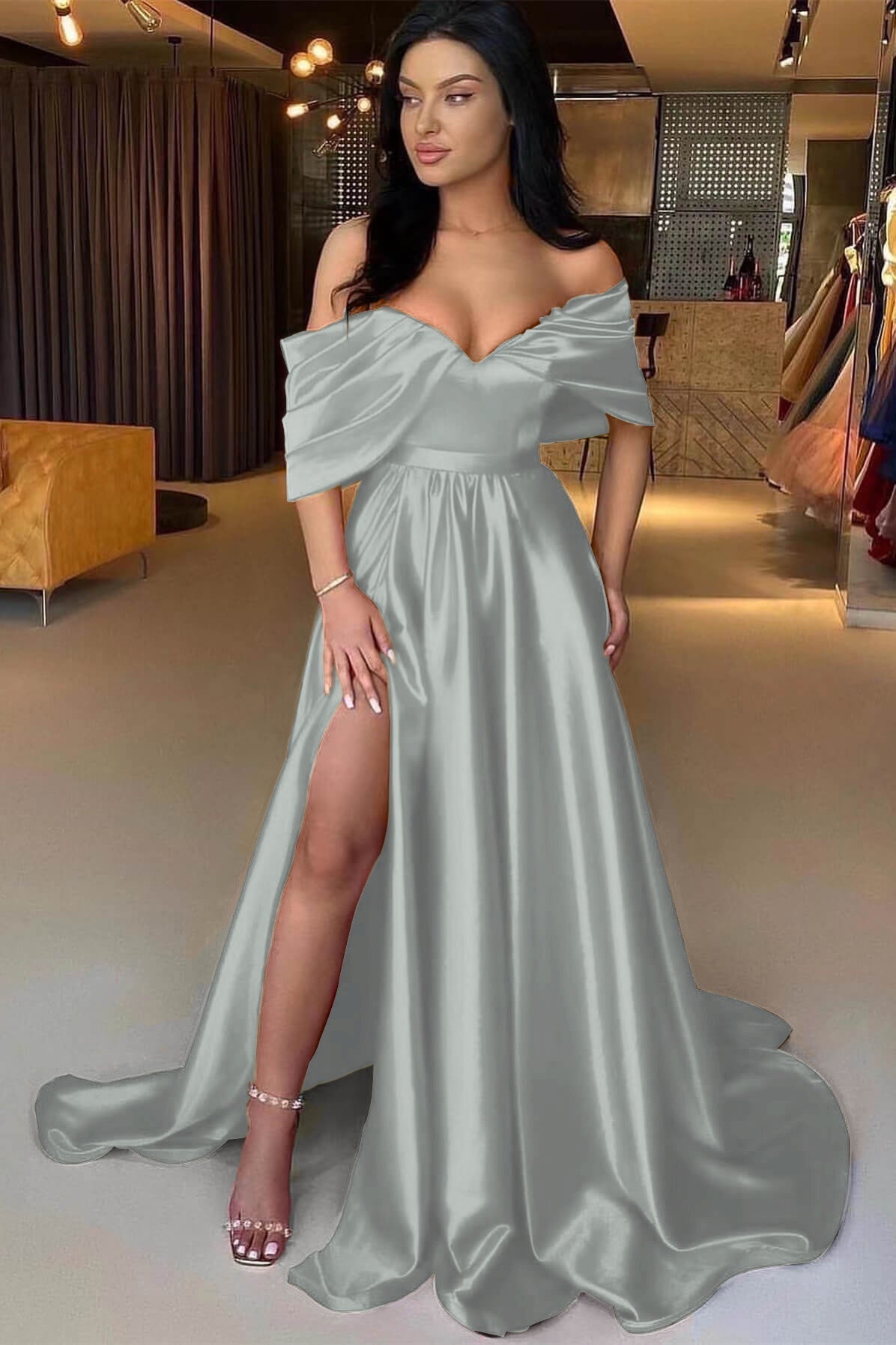 A Line Prom Dress Off the Shoulder Satin Evening Dress