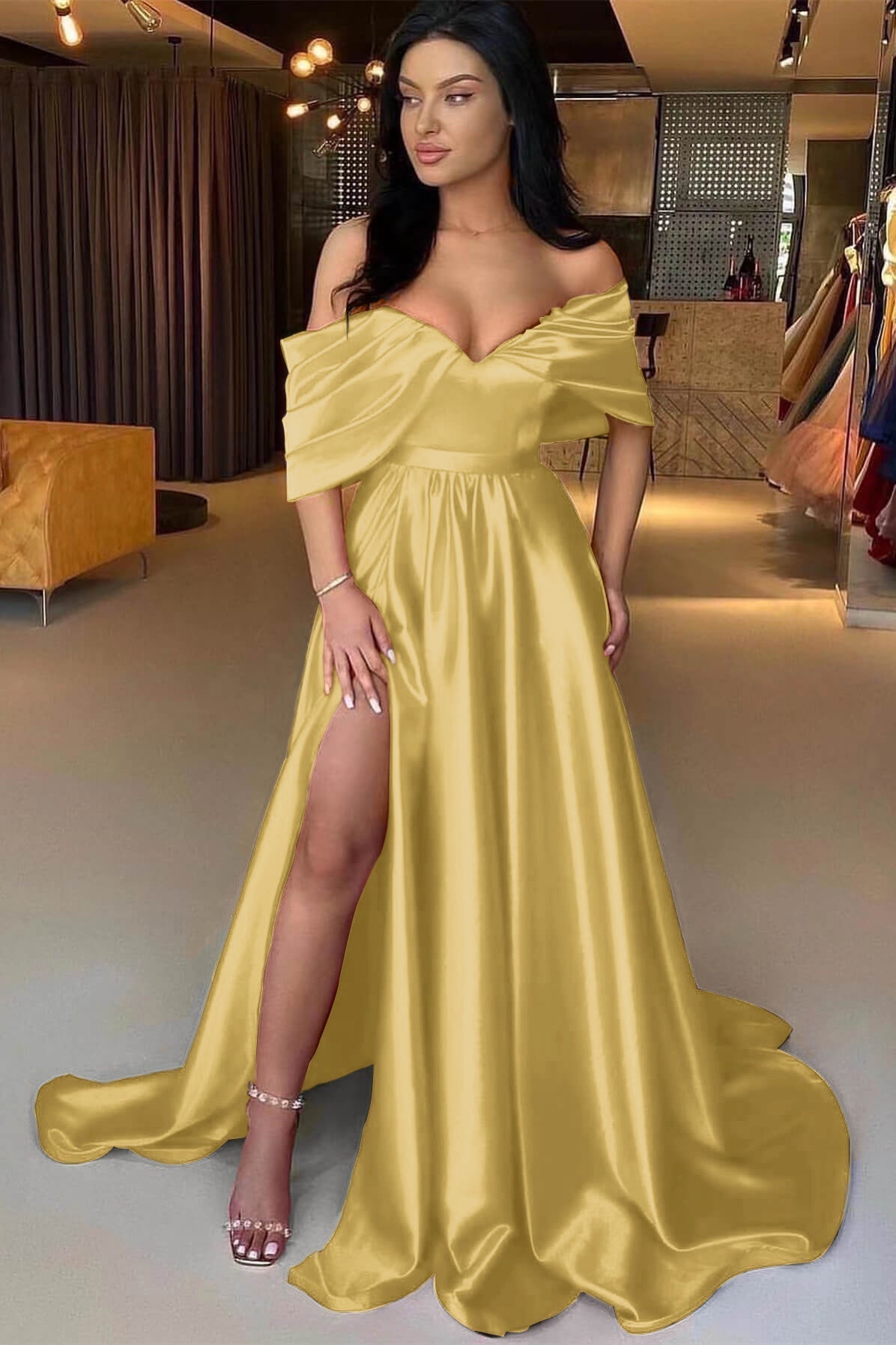 A Line Prom Dress Off the Shoulder Satin Evening Dress
