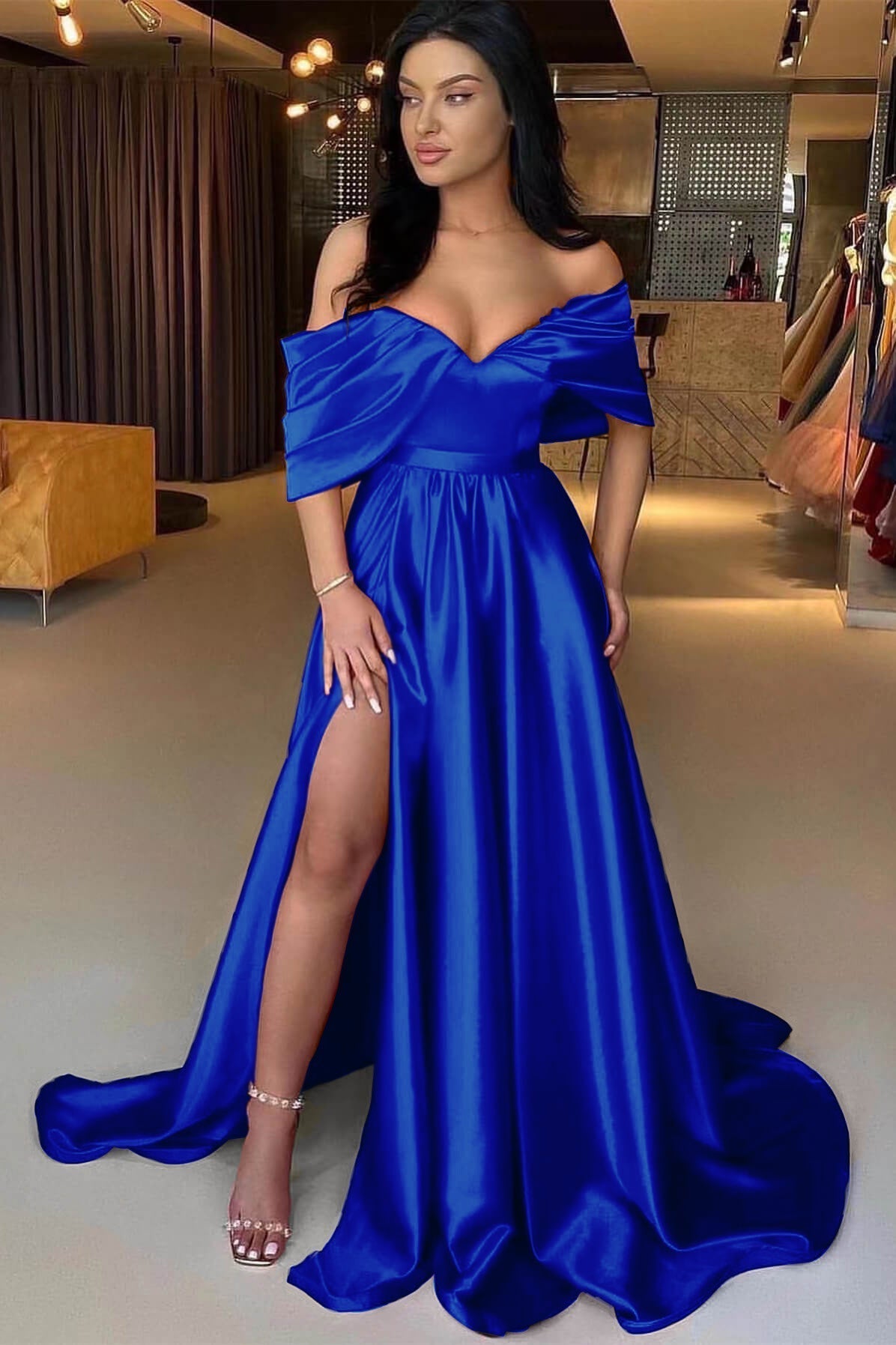 A Line Prom Dress Off the Shoulder Satin Evening Dress