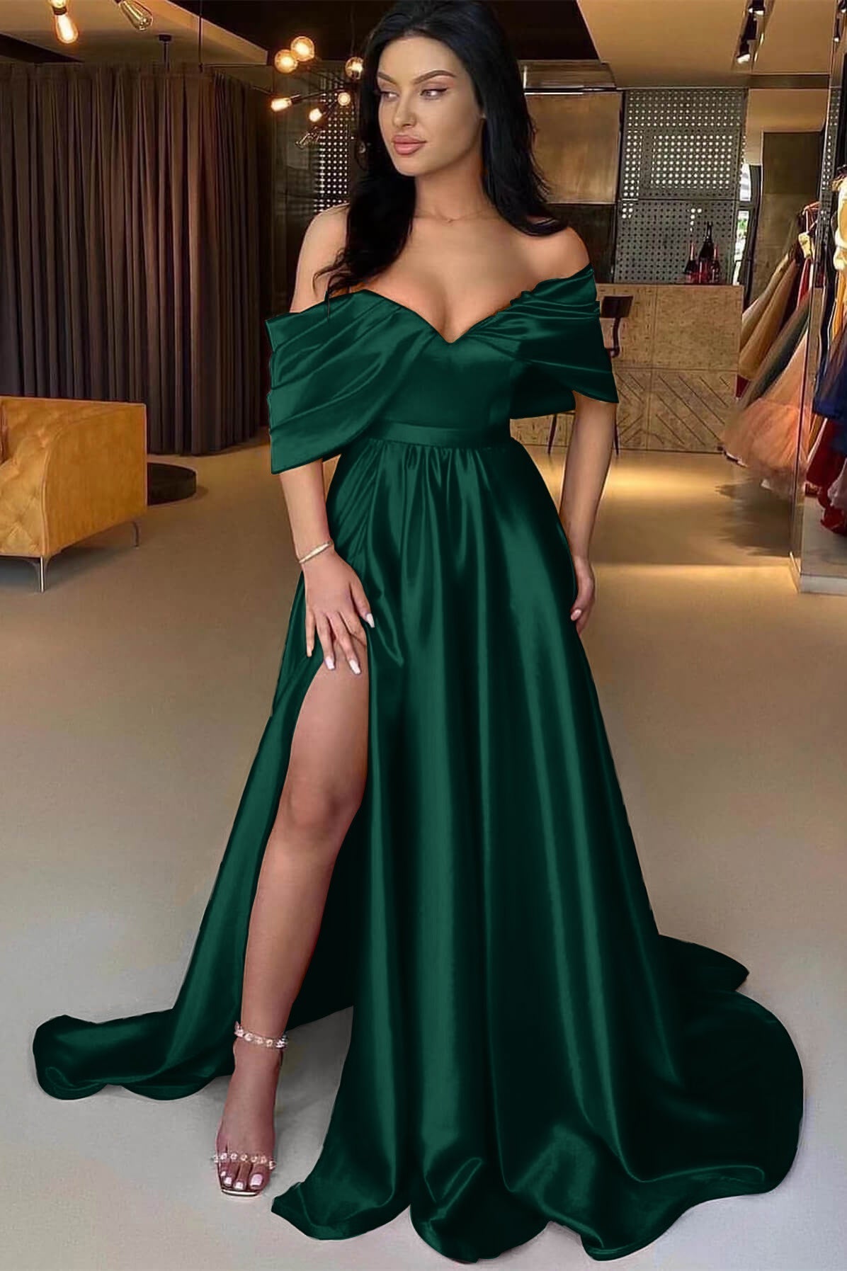 A Line Prom Dress Off the Shoulder Satin Evening Dress