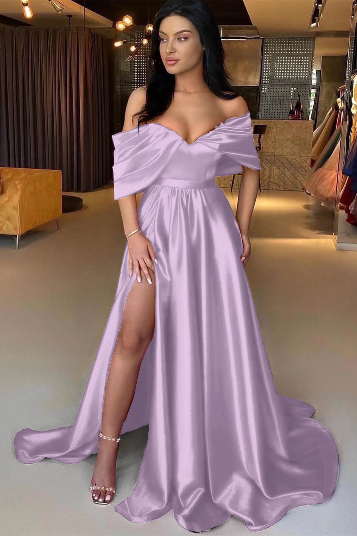 A Line Prom Dress Off the Shoulder Satin Evening Dress